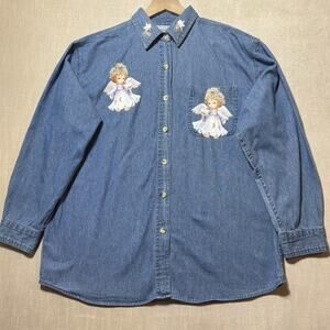 Faded Gear Denim Shirt Womens L Angel Embroidered Boho Western USA Cotton Top